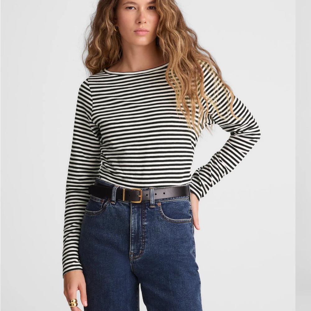 Madewell Black and White Striped Ruched Long Sleeve Top